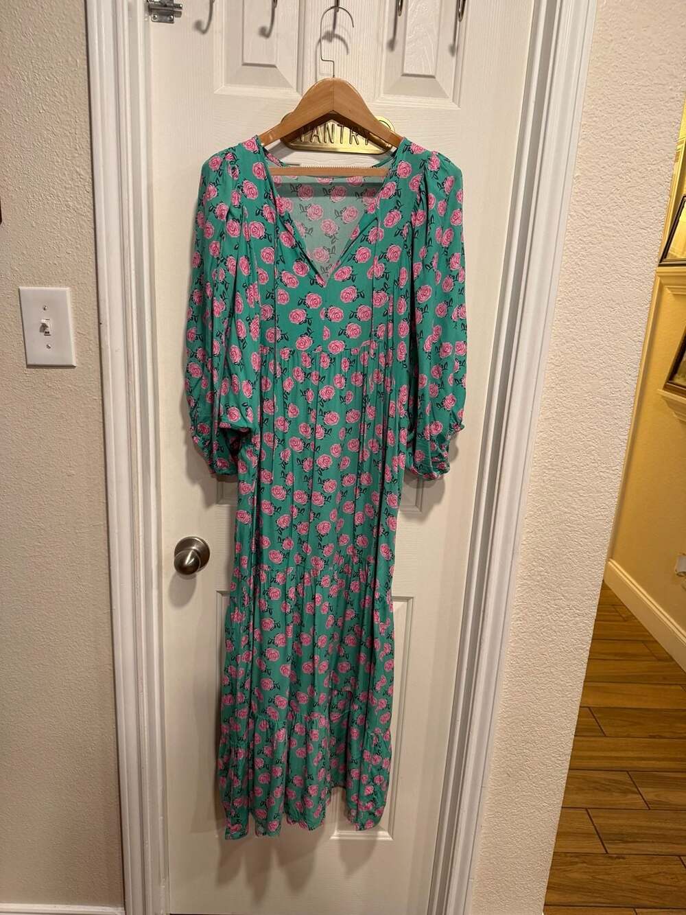 Women’s Green Pink Rose Floral Maxi Dress Long Sleeve Tiered Cottagecore